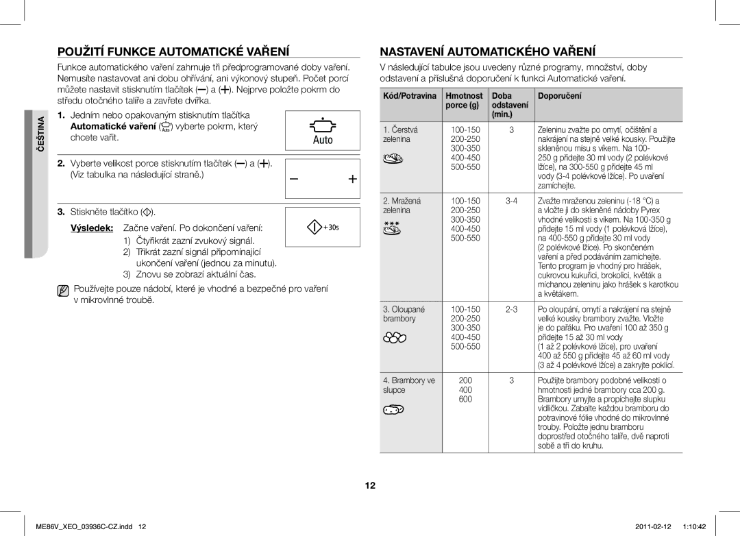 Samsung ME86V-SS/XEO manual Použití Funkce Automatické Vaření, Nastavení Automatického Vaření 