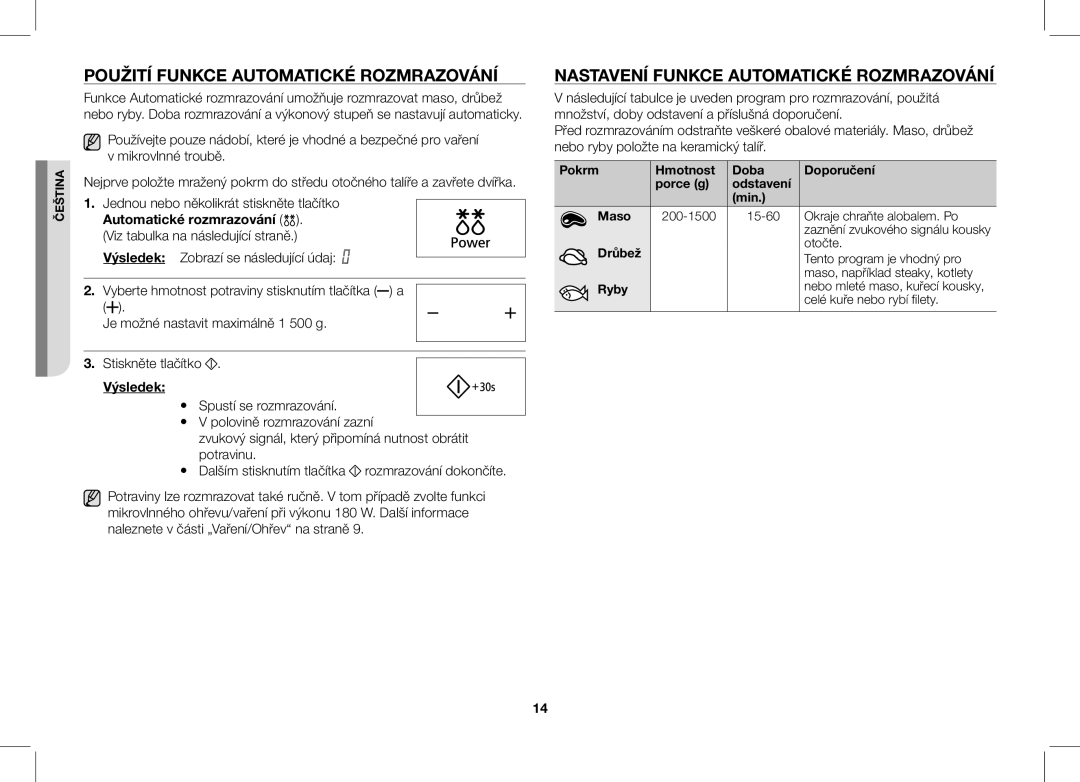 Samsung ME86V-SS/XEO manual Použití Funkce Automatické Rozmrazování, Nastavení Funkce Automatické Rozmrazování, Výsledek 