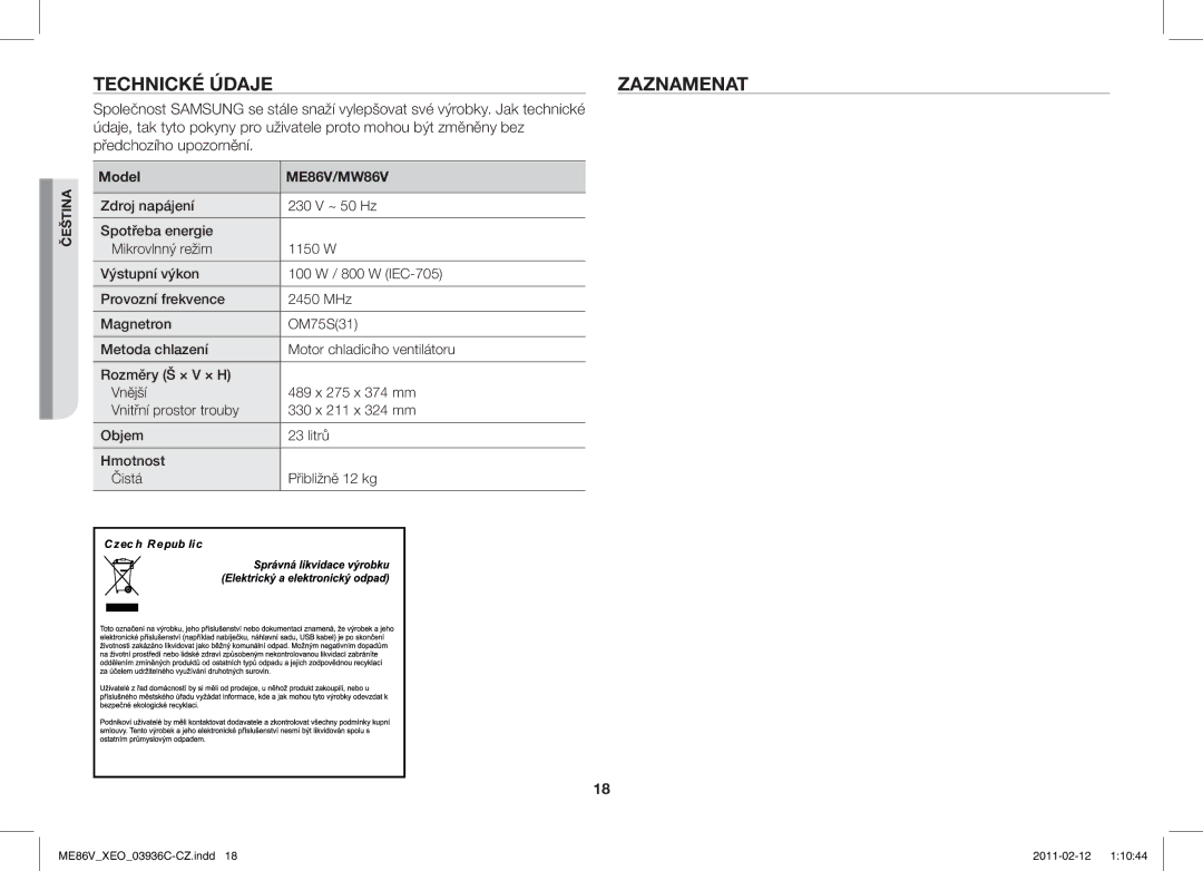 Samsung ME86V-SS/XEO manual Technické Údajezaznamenat, Model 