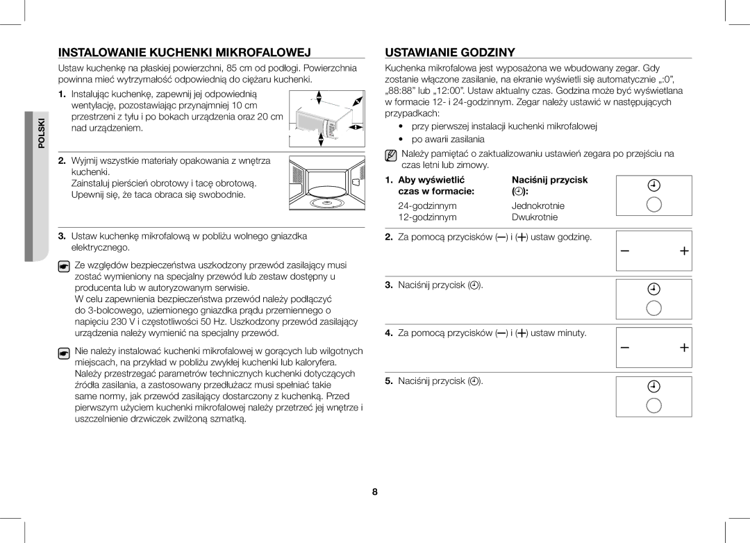 Samsung ME86V-SS/XEO manual Instalowanie Kuchenki Mikrofalowej, Ustawianie Godziny, Aby wyświetlić Naciśnij przycisk 