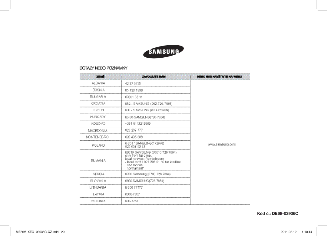 Samsung ME86V-SS/XEO manual Kód č. DE68-03936C 