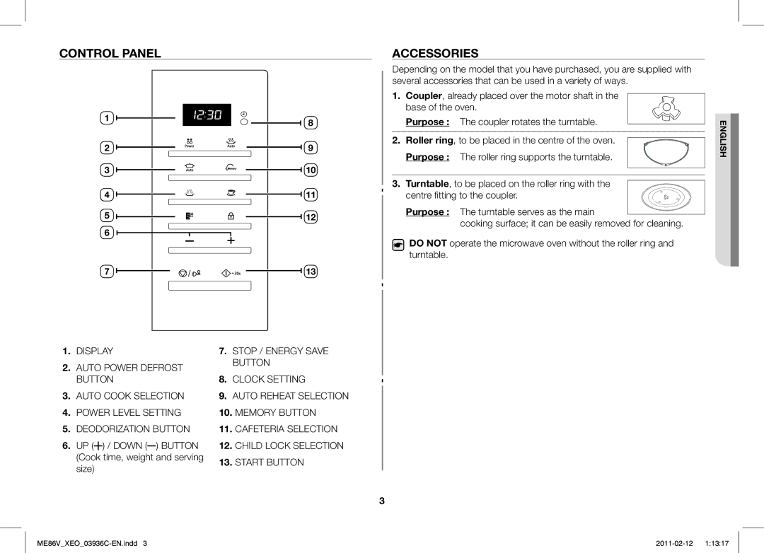 Samsung ME86V-SS/XEO manual Control Panel Accessories, Purpose, Coupler rotates the turntable 