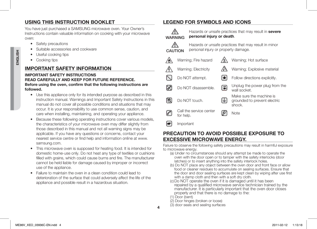 Samsung ME86V-SS/XEO manual Using this Instruction Booklet, Important Safety Information 