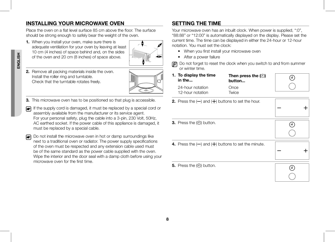 Samsung ME86V-SS/XEO manual Installing Your Microwave Oven, Setting the Time, Then press Button 