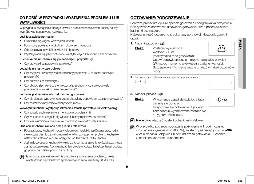 Samsung ME86V-SS/XEO manual CO Robić W Przypadku Wystąpienia Problemu LUB Wątpliwości, Gotowanie/Podgrzewanie 