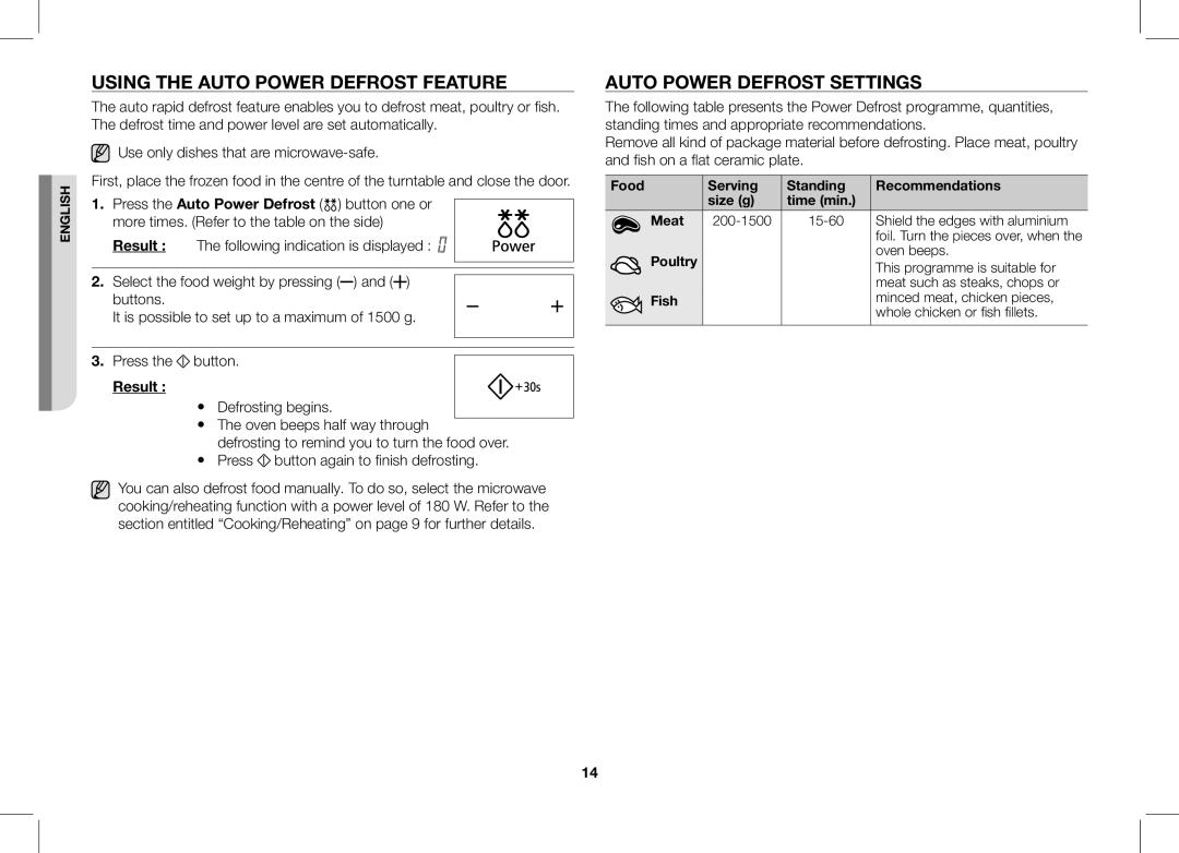 Samsung ME86V-SS/XEO manual Using the Auto Power Defrost Feature, Auto Power Defrost Settings, Result 