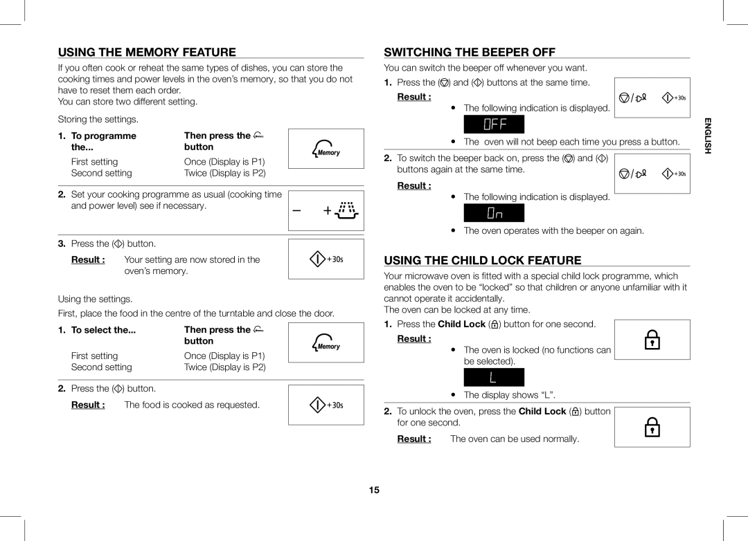 Samsung ME86V-SS/XEO Using the Memory Feature, Switching the Beeper OFF, Using the Child Lock Feature, Second setting 