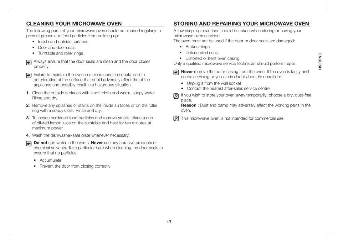 Samsung ME86V-SS/XEO manual Cleaning Your Microwave Oven, Storing and Repairing Your Microwave Oven 