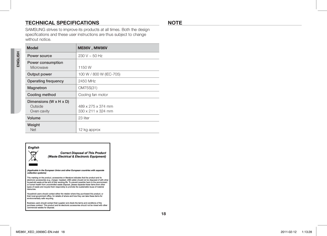 Samsung ME86V-SS/XEO manual Technical Specifications, Model ME86V , MW86V 