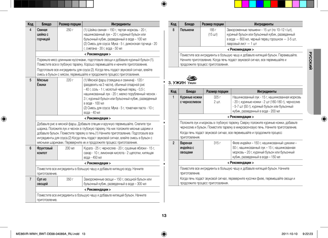 Samsung ME86VR-BBH/BWT, ME86VR-WWH/BWT, ME86VRSSHP/BWT, ME86VRWWHX/BWT, ME87HPR/BWT manual Ужин 