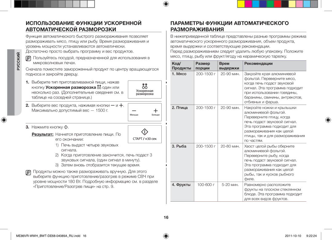 Samsung ME86VRSSHP/BWT, ME86VR-WWH/BWT, ME86VRWWHX/BWT manual Использование Функции Ускоренной Автоматической Разморозки 