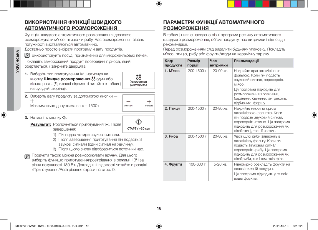 Samsung ME86VR-WWH/BWT, ME86VRSSHP/BWT, ME86VRWWHX/BWT, ME87HPR/BWT Використання Функції Швидкого Автоматичного Розмороження 