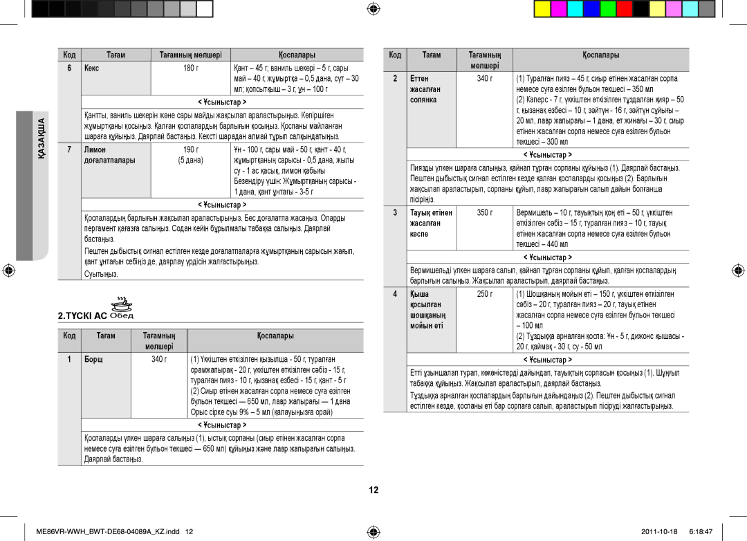 Samsung ME86VR-WWH/BWT, ME86VRSSHP/BWT, ME86VRWWHX/BWT, ME86VR-BBH/BWT, ME87HPR/BWT manual Түскі АС 