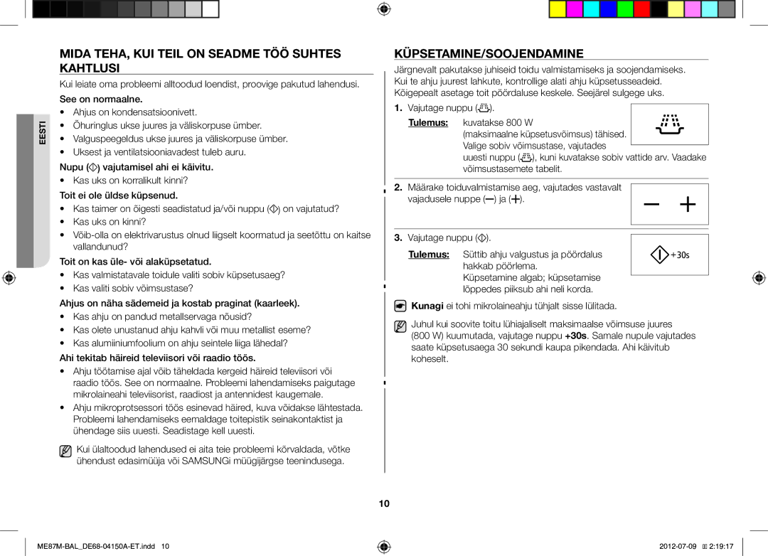 Samsung ME87M/SLI manual Mida TEHA, KUI Teil on Seadme TÖÖ Suhtes Kahtlusi, Küpsetamine/Soojendamine 