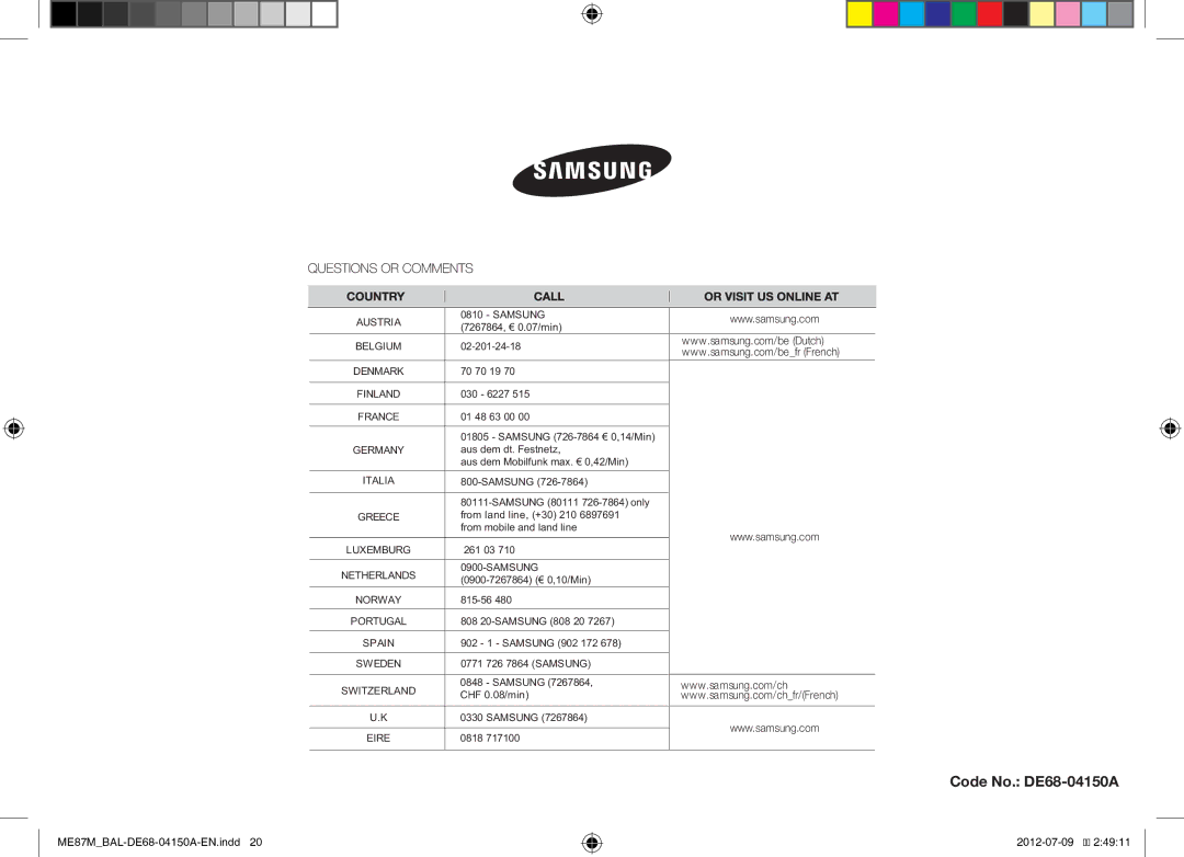 Samsung ME87M/SLI manual Code No. DE68-04150A 