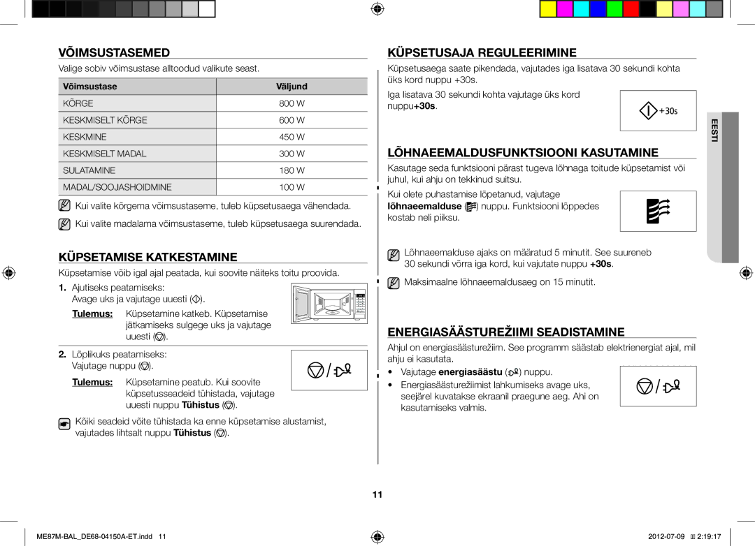 Samsung ME87M/SLI Võimsustasemed, Küpsetamise Katkestamine, Küpsetusaja Reguleerimine, Lõhnaeemaldusfunktsiooni Kasutamine 