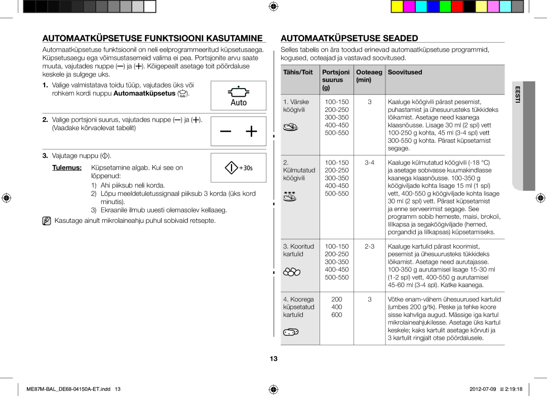 Samsung ME87M/SLI manual Automaatküpsetuse Funktsiooni Kasutamine, Automaatküpsetuse Seaded 