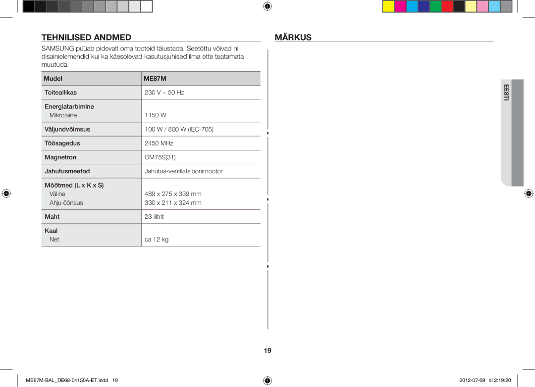 Samsung ME87M/SLI manual Tehnilised Andmedmärkus, Mudel 