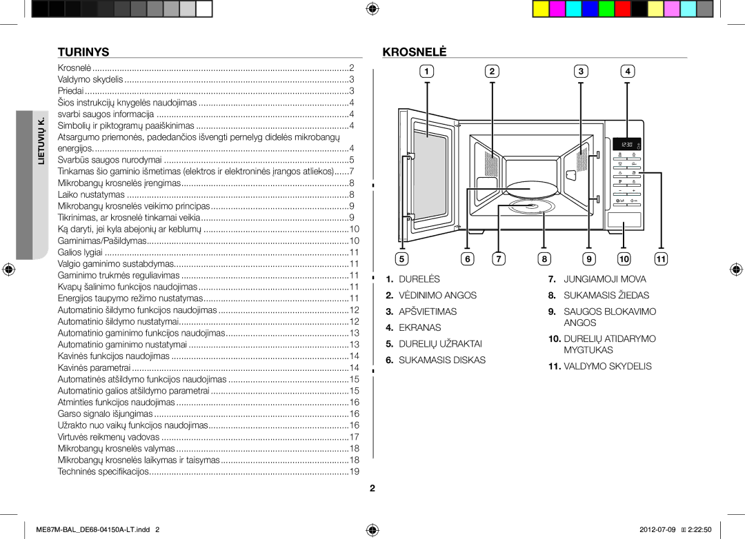 Samsung ME87M/SLI manual Turinys, Krosnelė 