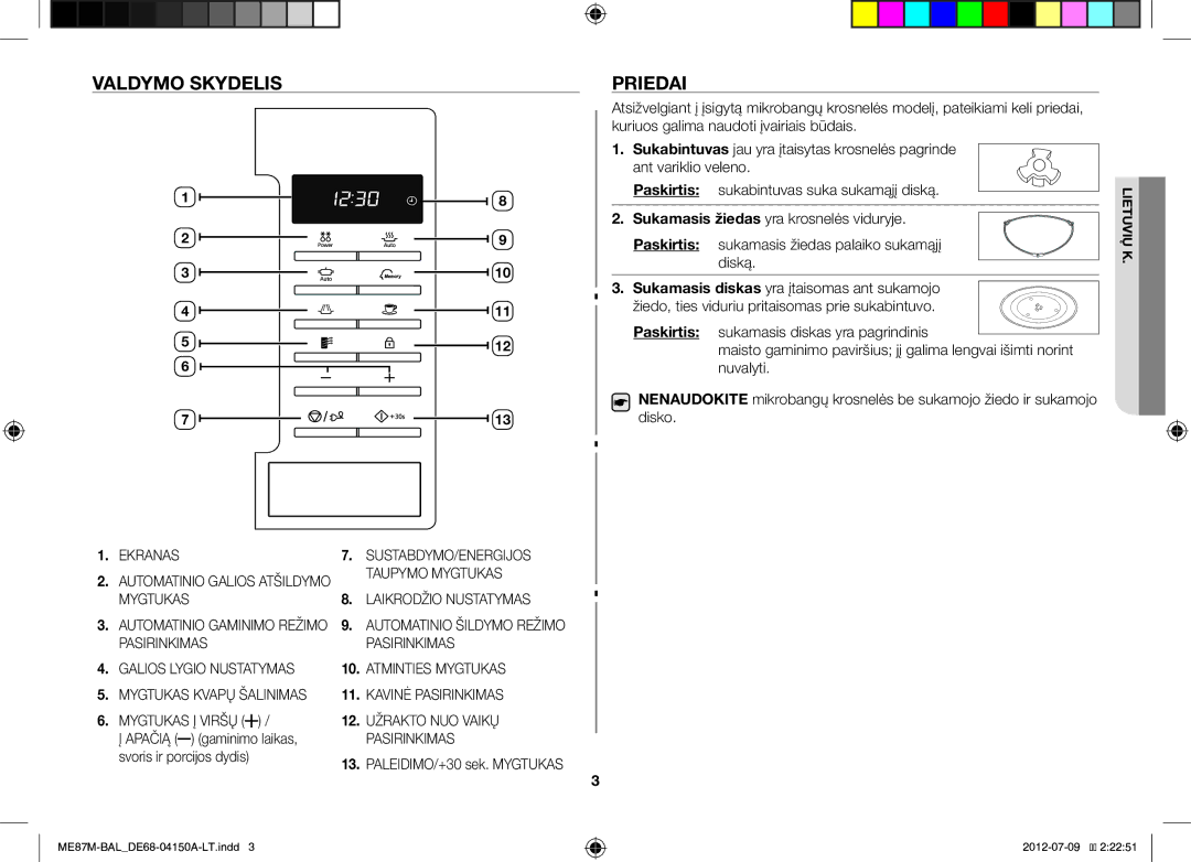 Samsung ME87M/SLI manual Valdymo Skydelis, Priedai, Svoris ir porcijos dydis, Sukamasis žiedas yra krosnelės viduryje 