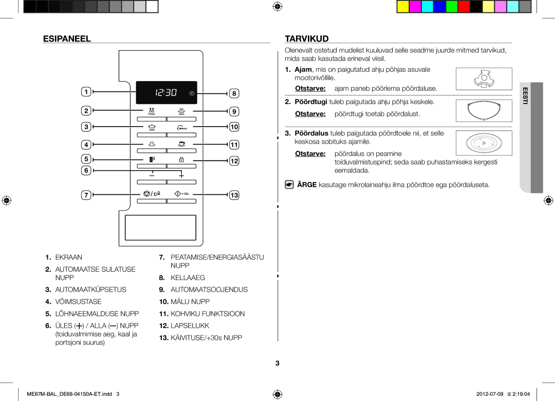 Samsung ME87M/SLI manual Esipaneel Tarvikud, Otstarve, 13. KÄIVITUSE/+30s Nupp 