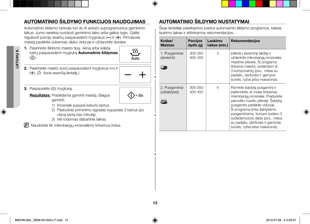 Samsung ME87M/SLI manual Automatinio Šildymo Funkcijos Naudojimas, Automatinio Šildymo Nustatymai 