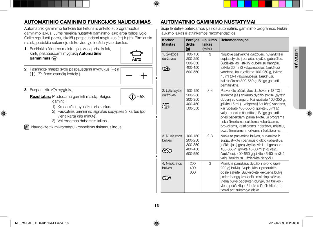 Samsung ME87M/SLI manual Automatinio Gaminimo Funkcijos Naudojimas, Automatinio Gaminimo Nustatymai, Gaminimas 