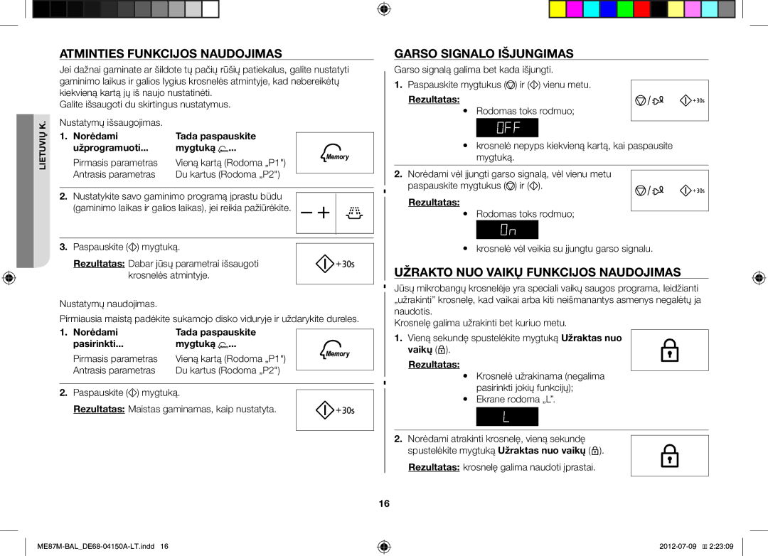 Samsung ME87M/SLI manual Atminties Funkcijos Naudojimas, Garso Signalo Išjungimas, Užrakto NUO Vaikų Funkcijos Naudojimas 