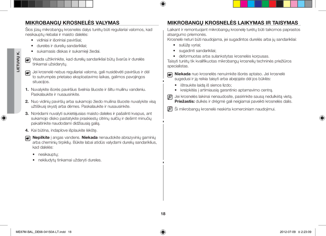 Samsung ME87M/SLI manual Mikrobangų Krosnelės Valymas, Mikrobangų Krosnelės Laikymas IR Taisymas 