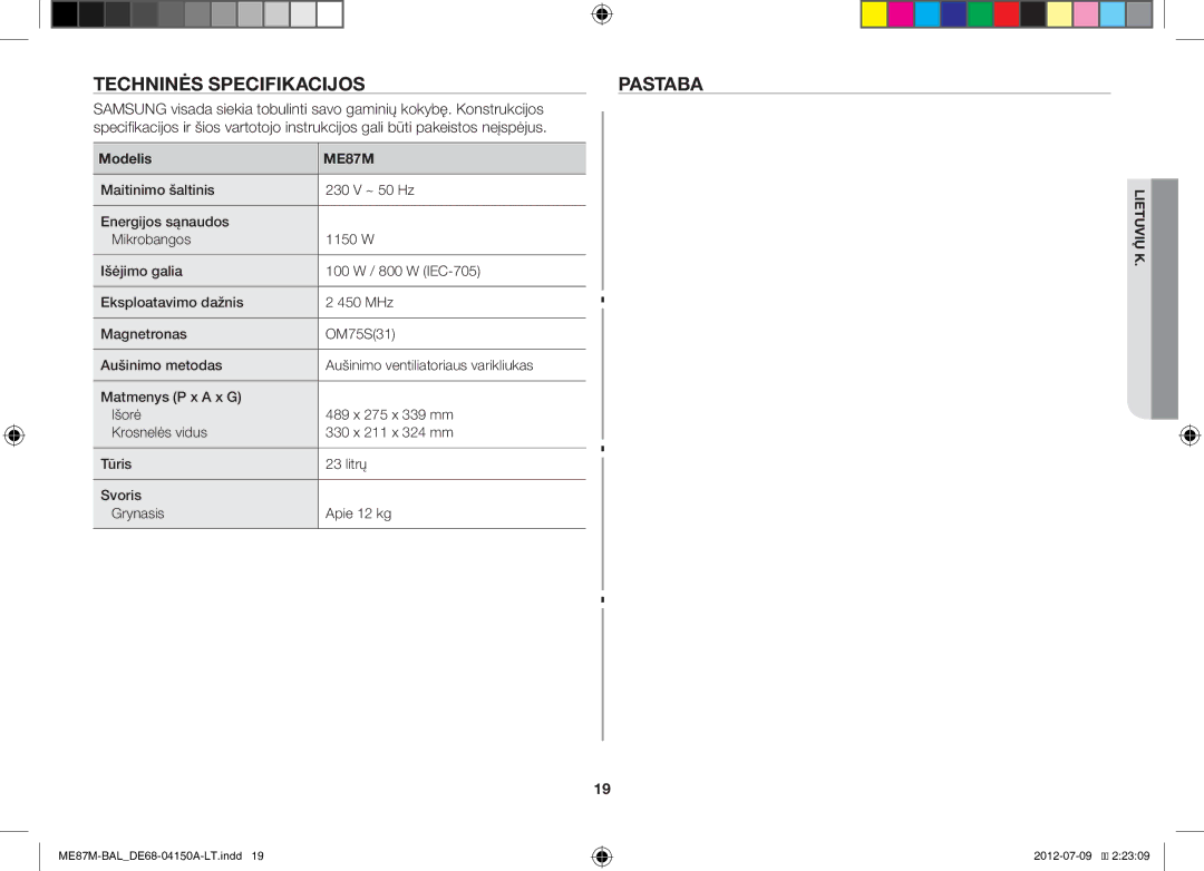 Samsung ME87M/SLI manual Techninės Specifikacijos Pastaba, Modelis 