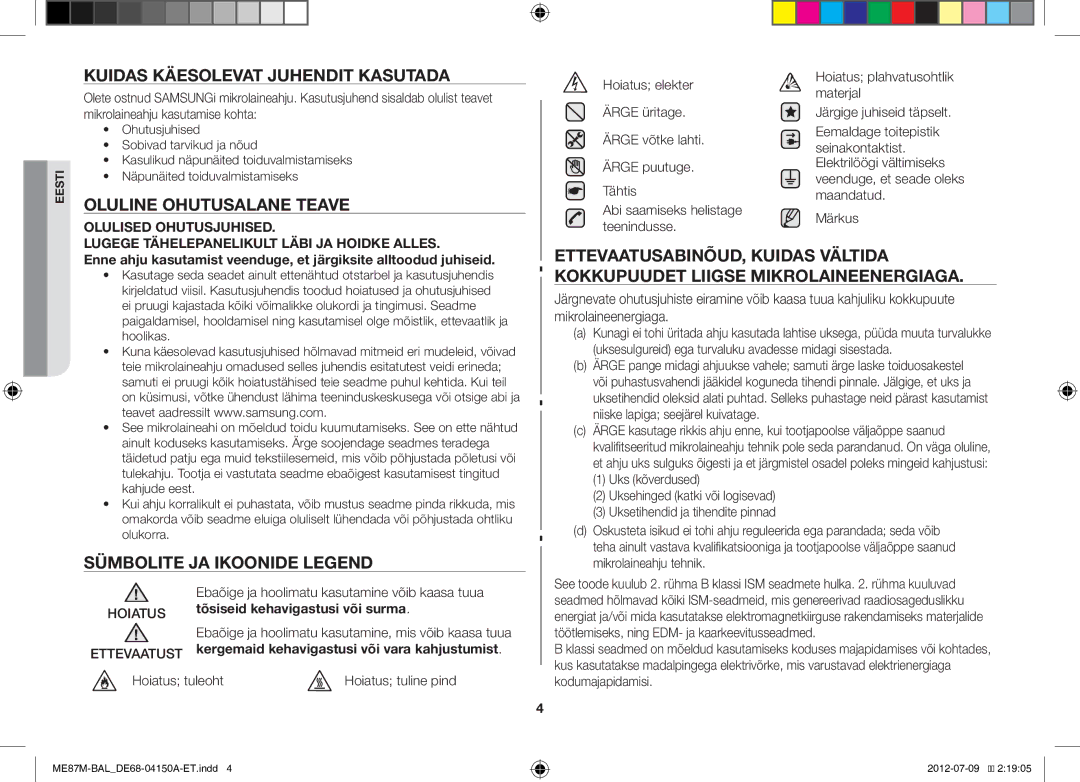 Samsung ME87M/SLI manual Kuidas Käesolevat Juhendit Kasutada, Oluline Ohutusalane Teave, Sümbolite JA Ikoonide Legend 