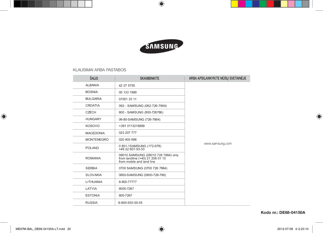 Samsung ME87M/SLI manual Klausimai Arba Pastabos Šalis Skambinkite, Kodo nr. DE68-04150A 