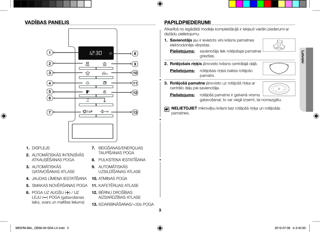 Samsung ME87M/SLI manual Vadības Panelis, Papildpiederumi, Poga gatavošanas, Laiks, svars un maltītes lielums 