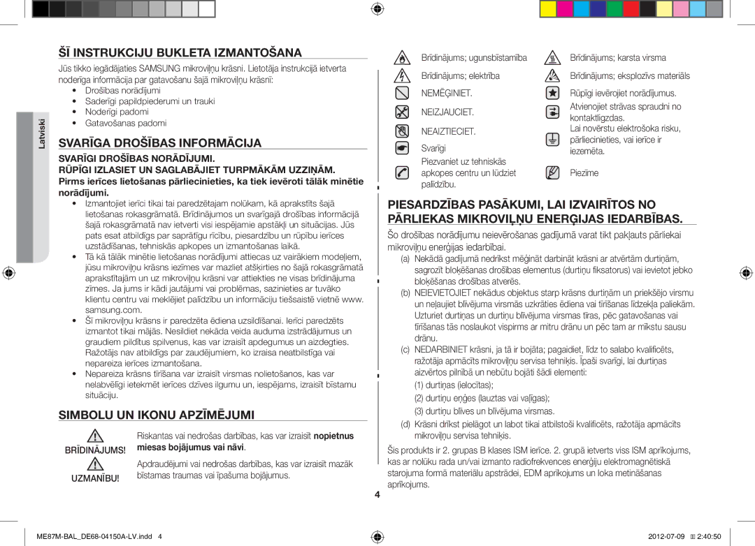 Samsung ME87M/SLI manual ŠĪ Instrukciju Bukleta Izmantošana, Svarīga Drošības Informācija 