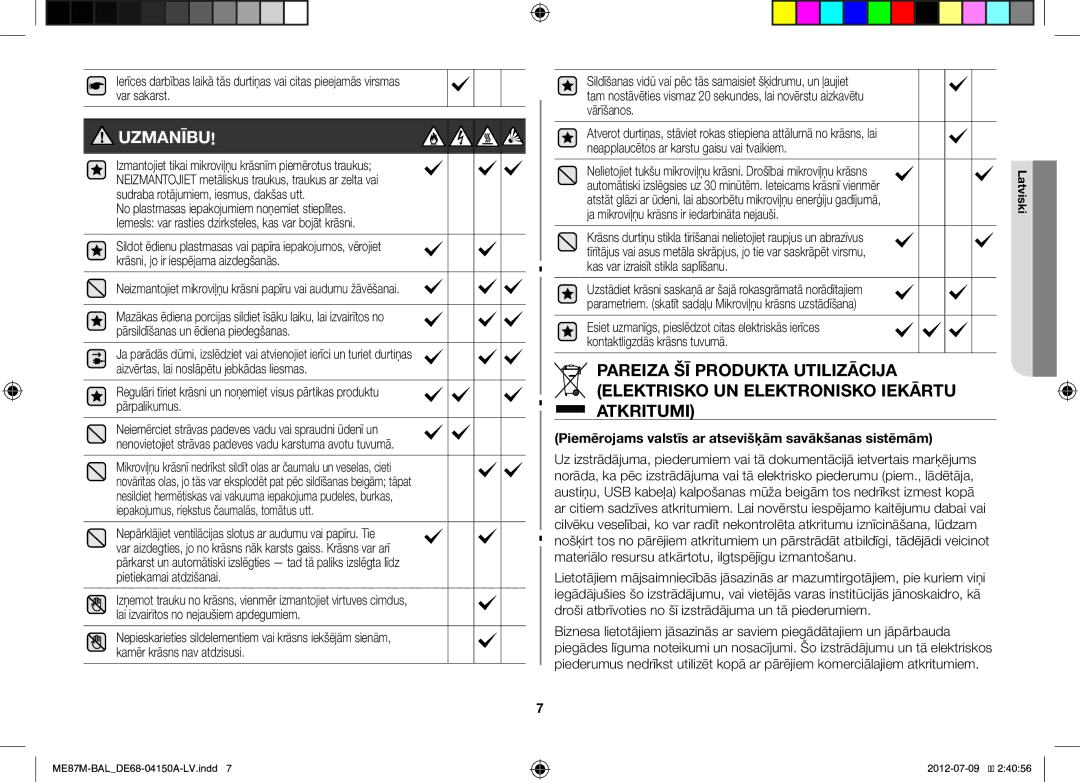 Samsung ME87M/SLI manual Uzmanību, Piemērojams valstīs ar atsevišķām savākšanas sistēmām 