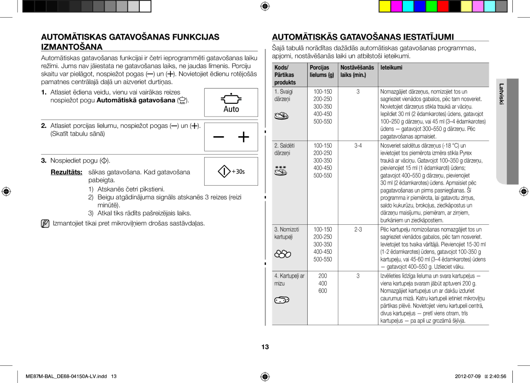 Samsung ME87M/SLI Automātiskas Gatavošanas Funkcijas Izmantošana, Automātiskās Gatavošanas Iestatījumi, Kods Porcijas 