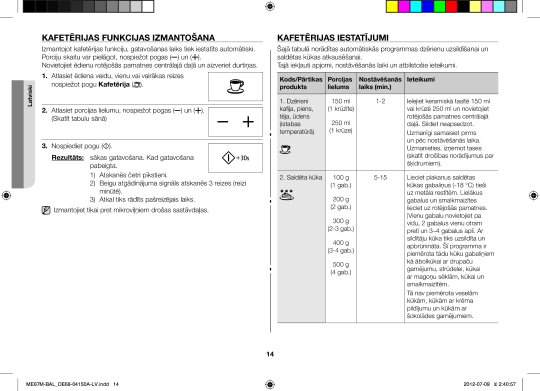 Samsung ME87M/SLI manual Kafetērijas Funkcijas Izmantošana, Kafetērijas Iestatījumi 