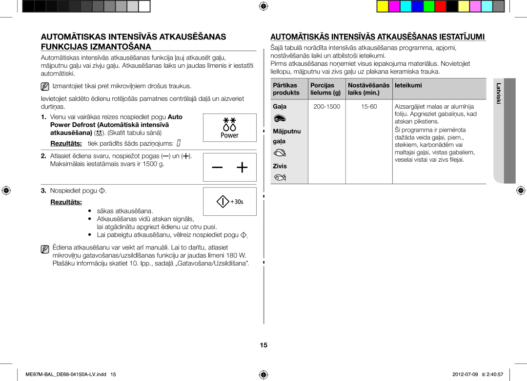 Samsung ME87M/SLI manual Automātiskas Intensīvās Atkausēšanas Funkcijas Izmantošana, Rezultāts, Atskan pīkstiens 