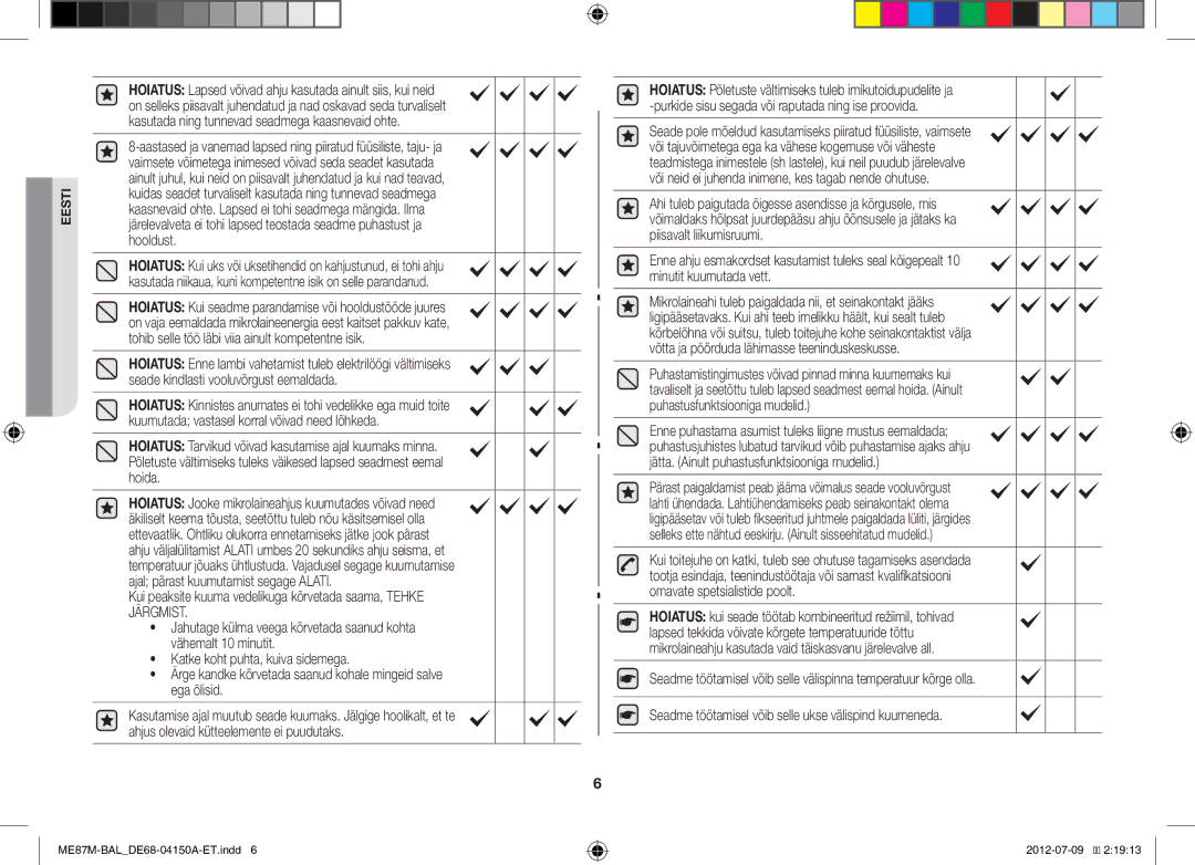 Samsung ME87M/SLI manual Seadme töötamisel võib selle ukse välispind kuumeneda 