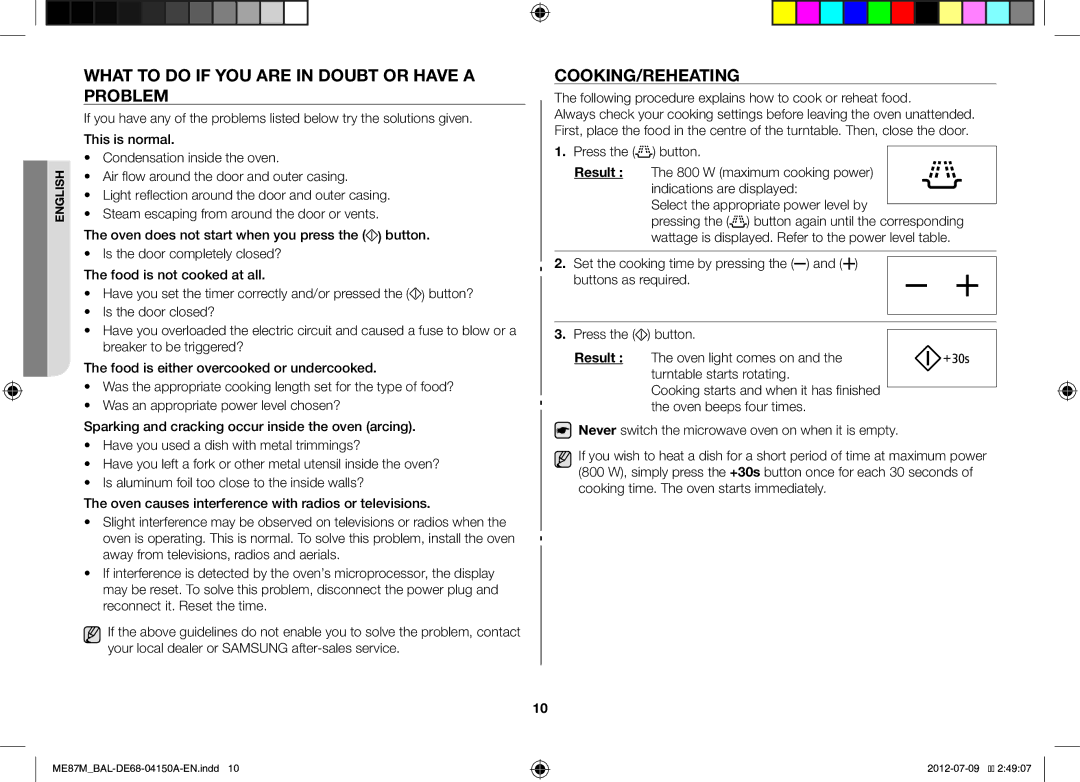 Samsung ME87M/SLI manual What to do if YOU are in Doubt or have a Problem, Cooking/Reheating 