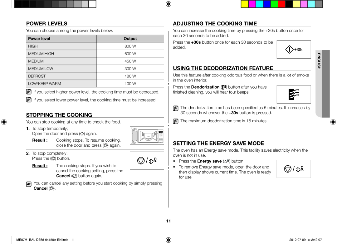 Samsung ME87M/SLI manual Power Levels, Stopping the Cooking, Adjusting the Cooking Time, Using the Deodorization Feature 