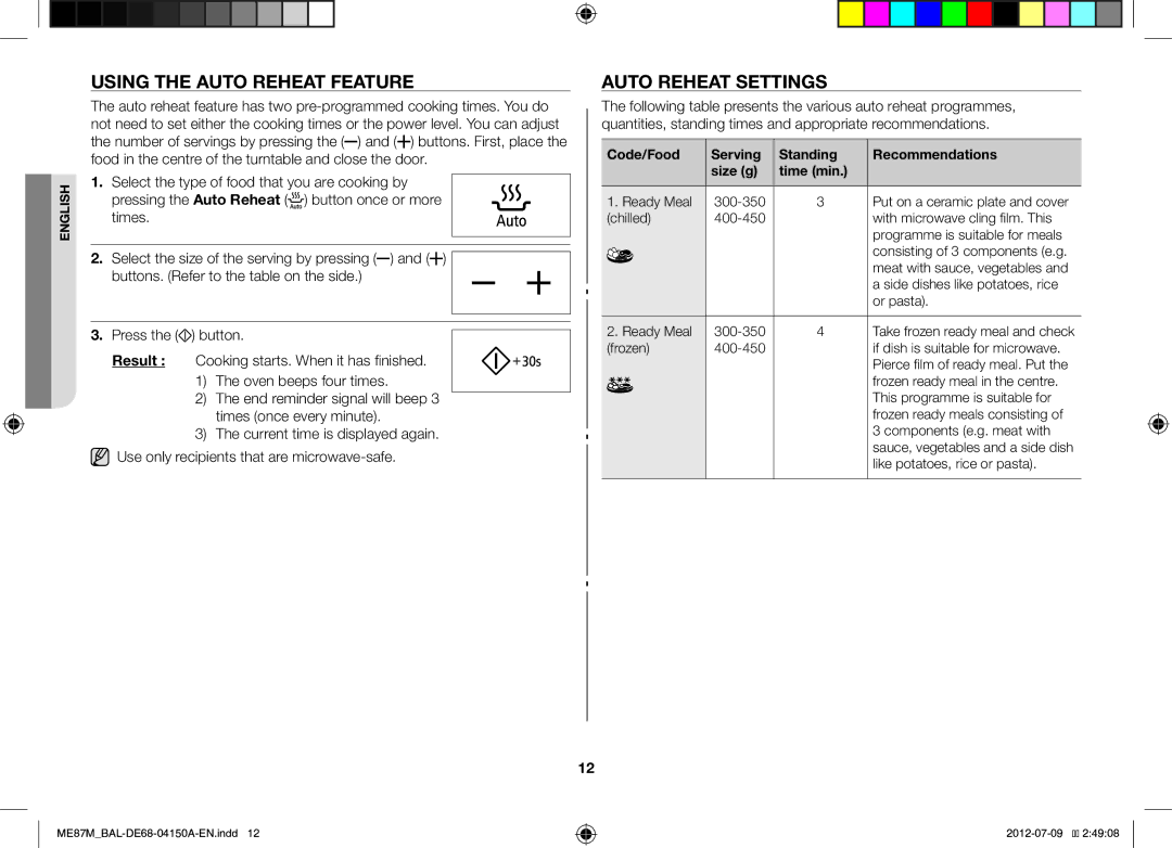 Samsung ME87M/SLI manual Using the Auto Reheat Feature, Auto Reheat Settings 