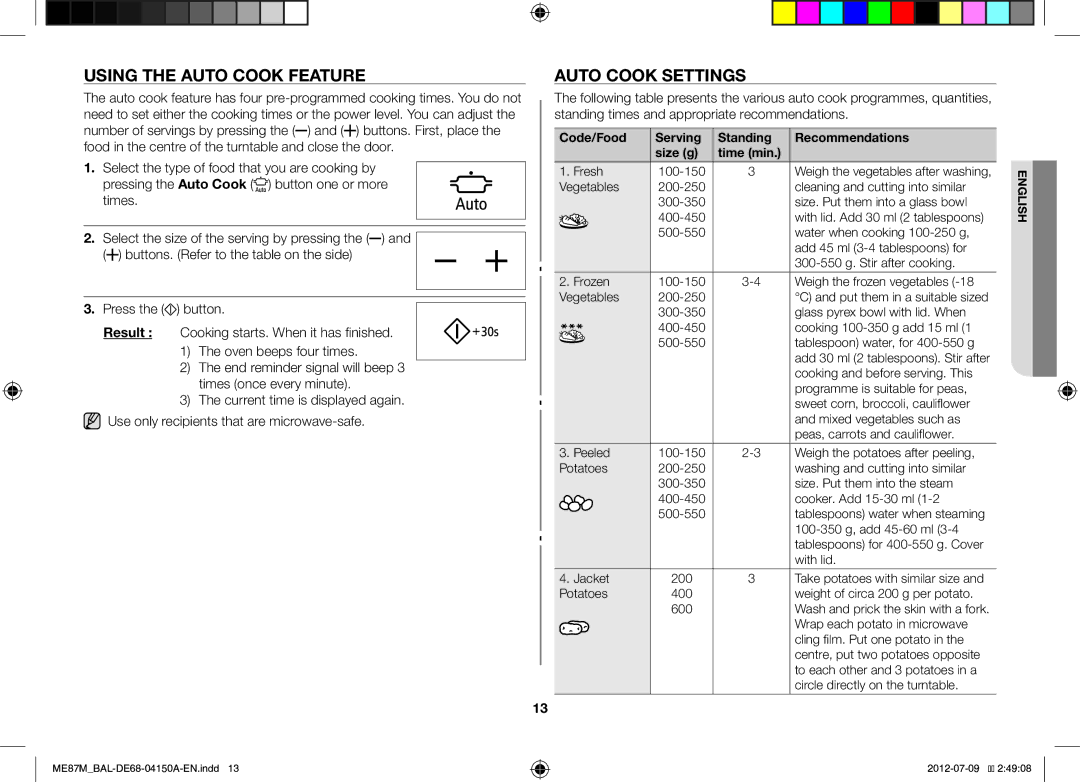 Samsung ME87M/SLI manual Using the Auto Cook Feature, Auto Cook Settings 