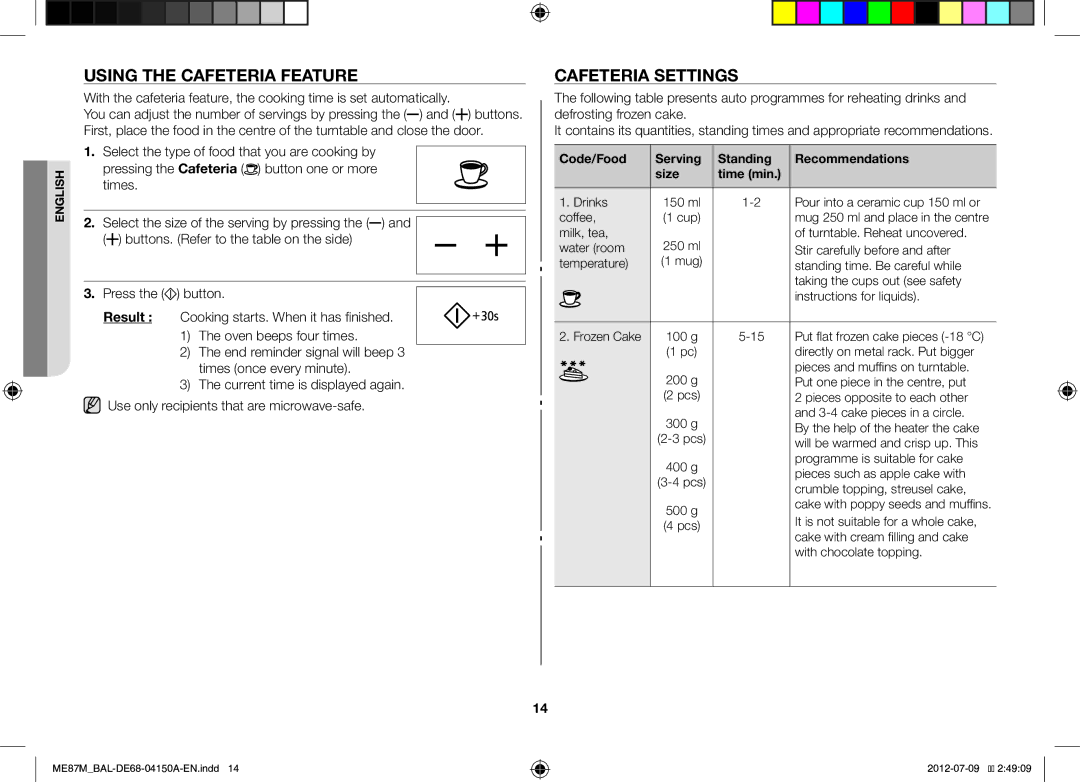 Samsung ME87M/SLI manual Using the Cafeteria Feature, Cafeteria Settings 