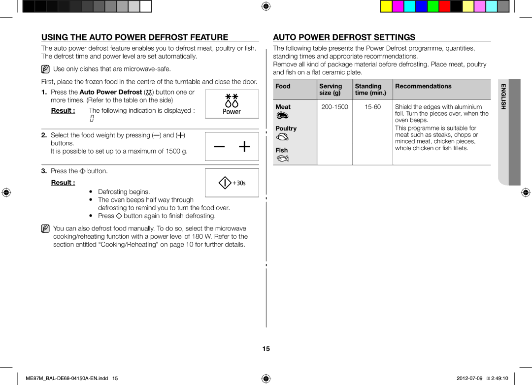 Samsung ME87M/SLI manual Using the Auto Power Defrost Feature, Auto Power Defrost Settings, Result, Oven beeps 