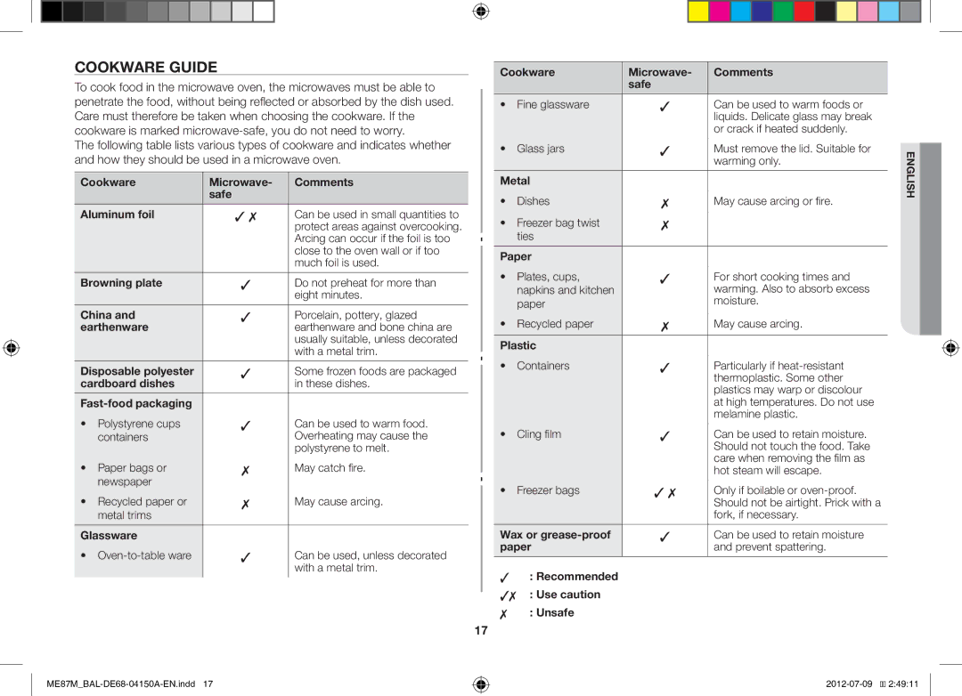 Samsung ME87M/SLI manual Cookware Guide 