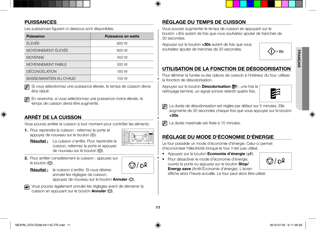 Samsung ME87M/XEN manual Puissances, Arrêt DE LA Cuisson, Réglage DU Temps DE Cuisson, Réglage DU Mode Déconomie Dénergie 