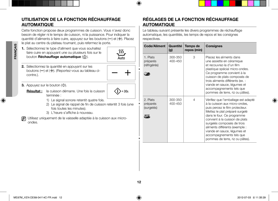 Samsung ME87M/XEN Utilisation DE LA Fonction Réchauffage Automatique, Réglages DE LA Fonction Réchauffage Automatique 