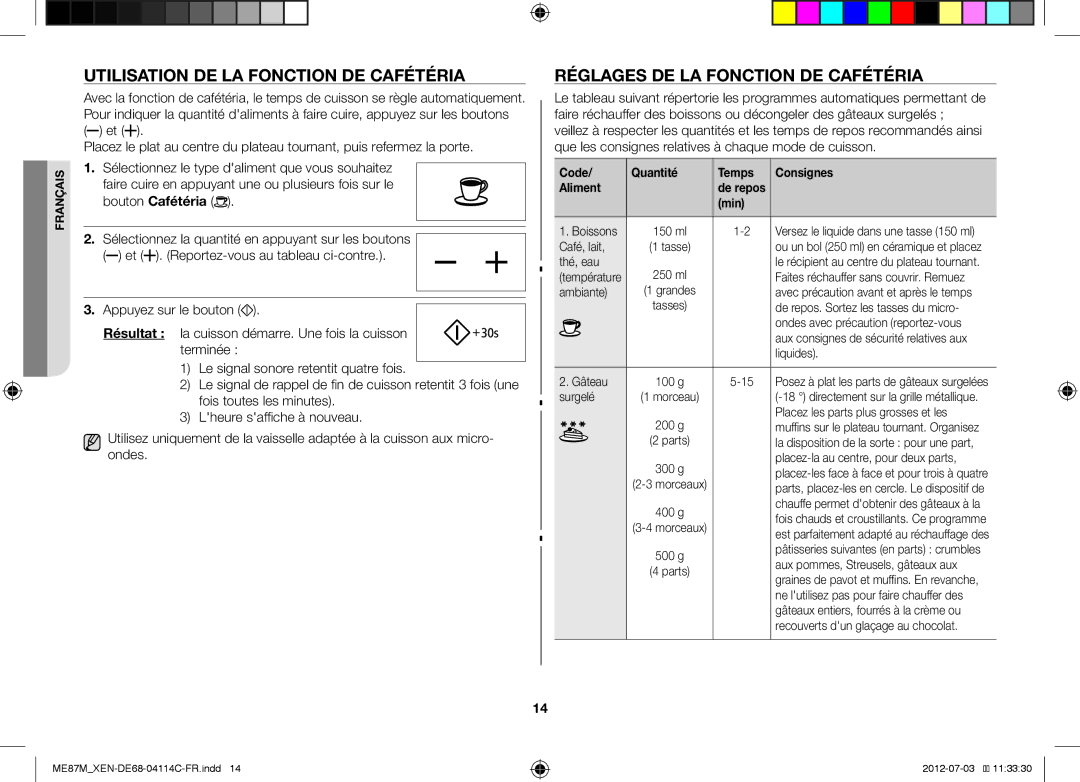 Samsung ME87M/XEN manual Utilisation DE LA Fonction DE Cafétéria, Réglages DE LA Fonction DE Cafétéria 