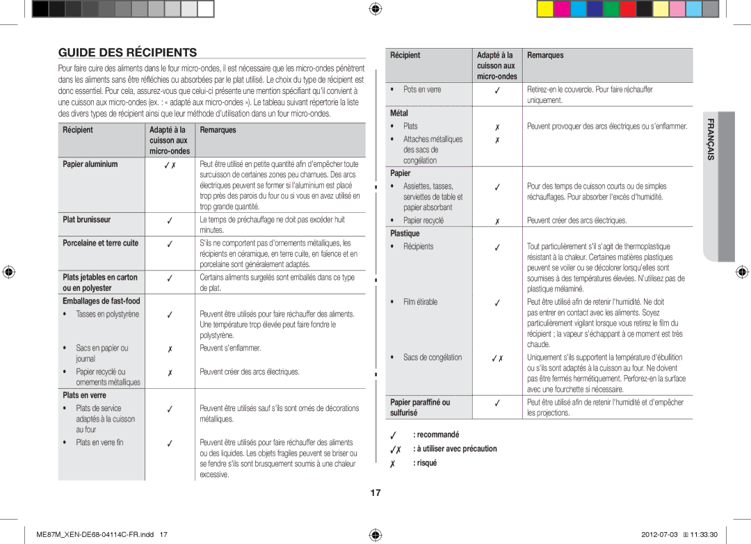 Samsung ME87M/XEN manual Guide DES Récipients 